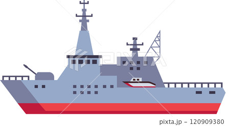 Modern warship equipped with advanced weaponry and radar systems, patrolling the sea and safeguarding maritime borders, ensuring national security in a vast oceanic expanse 120909380