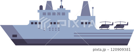 Modern warship carrying two helicopters represents naval power and military readiness, featuring a sleek and minimalist flat design that emphasizes strength and security 120909381