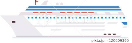 Large white and blue cruise ship sailing gracefully on sparkling water, proudly displaying a red flag on top, embodying the essence of enjoyable vacations, travel, and tourism 120909390