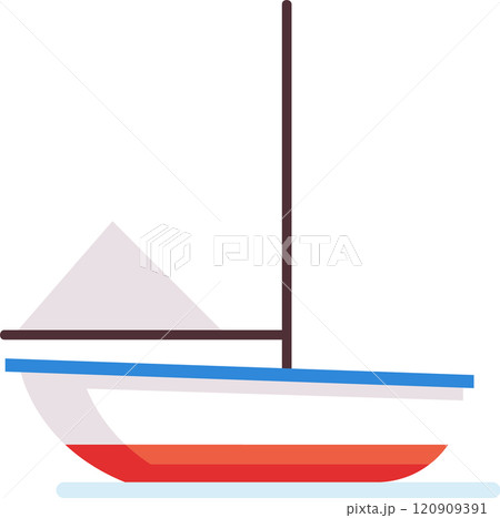 Small sailing boat with a triangular sail and colorful hull floating on water, simple and minimalist vector illustration representing leisure and maritime activities 120909391