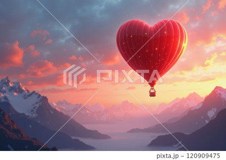 Heart-shaped hot air balloon floats over mountains at sunset. 120909475