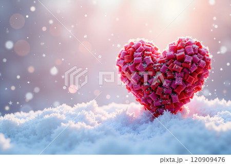 A pink heart sits in the snow. 120909476