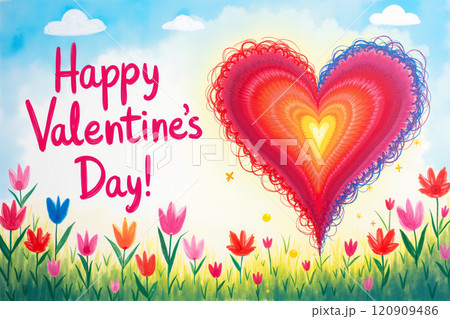 Vibrant Valentine's Day scene with heart and tulips. 120909486