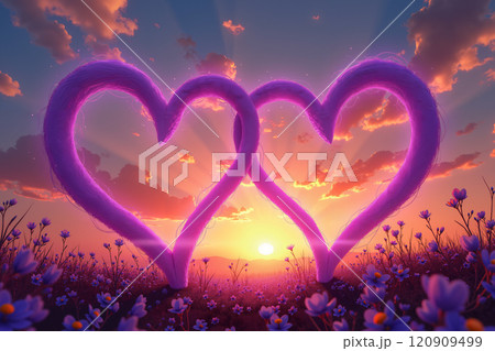 Purple hearts amidst sunset and flowers. 120909499