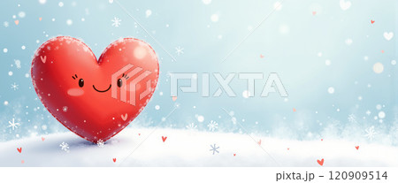 A smiling cartoon heart stands in the snow. 120909514