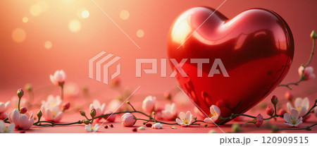 A red heart on a pink surface with flowers. 120909515