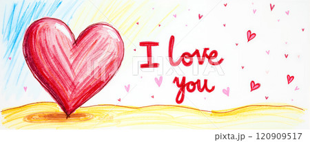 Valentine's Day illustration with a red heart on a beach. 120909517