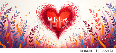 A red heart with With love amidst colorful leaves and flowers. 120909518