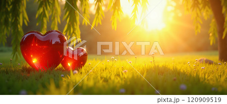 Two red hearts on green grass under a yellow sun. 120909519