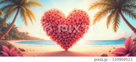 Heart-shaped flowers on a tropical beach. 120909521