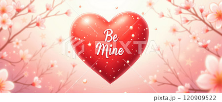 A red heart with Be Mine on a pink cherry blossom background. 120909522
