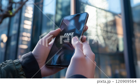 スマホの画面に出る「フェイク・偽物」のアラートイメージ スマホの画面に出る「フェイク・偽物」のアラートイメージ 120909564