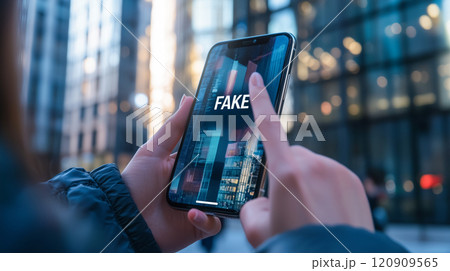 スマホの画面に出る「フェイク・偽物」のアラートイメージ スマホの画面に出る「フェイク・偽物」のアラートイメージ 120909565
