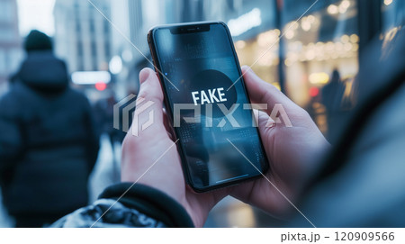 スマホの画面に出る「フェイク・偽物」のアラートイメージ スマホの画面に出る「フェイク・偽物」のアラートイメージ 120909566