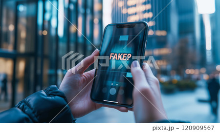 スマホの画面に出る「フェイク・偽物」のアラートイメージ スマホの画面に出る「フェイク・偽物」のアラートイメージ 120909567