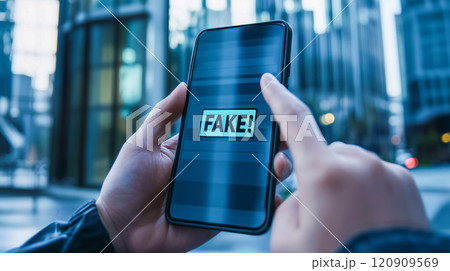スマホの画面に出る「フェイク・偽物」のアラートイメージ スマホの画面に出る「フェイク・偽物」のアラートイメージ 120909569