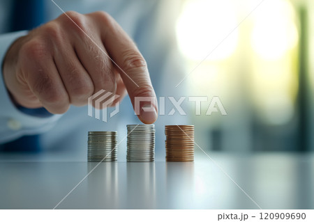 コインを丁寧に積み上げる手の象徴的なシーン コインを丁寧に積み上げる手の象徴的なシーン 120909690