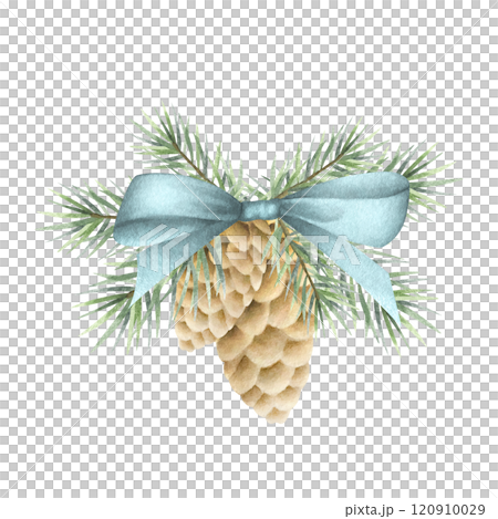 Christmas ornament with fir branches and cones tied with blue bow. Hand drawn watercolor isolated illustration spruce eco decoration for New Year greeting cards, stickers and festive packaging. Christmas ornament with fir branches and cones tied with blue bow. Hand drawn watercolor isolated illustration spruce eco decoration for New Year greeting cards, stickers and festive packaging. 120910029