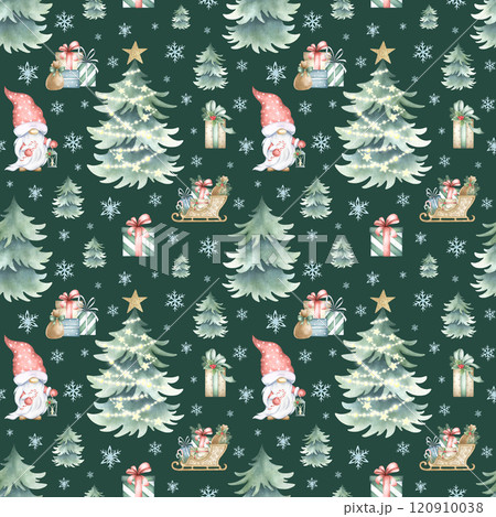 Christmas seamless pattern with gnome, spruce with shining garland lights, gift boxes and sledge. Watercolor illustration on dark green for New Year festive packaging paper, textile and designs. Christmas seamless pattern with gnome, spruce with shining garland lights, gift boxes and sledge. Watercolor illustration on dark green for New Year festive packaging paper, textile and designs. 120910038