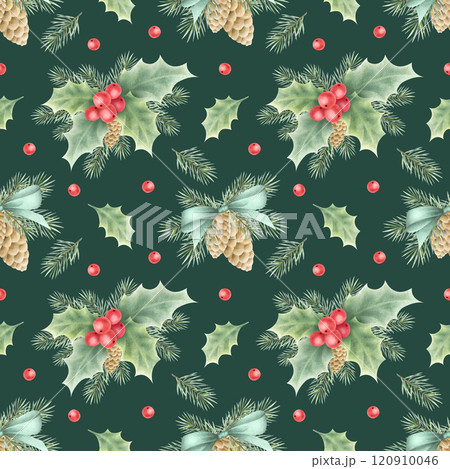 Christmas seamless pattern with cones, bows, holly, berries, leaves and spruce branches. Hand drawn winter watercolor illustration on dark green for New Year festive packaging paper and textile. Christmas seamless pattern with cones, bows, holly, berries, leaves and spruce branches. Hand drawn winter watercolor illustration on dark green for New Year festive packaging paper and textile. 120910046
