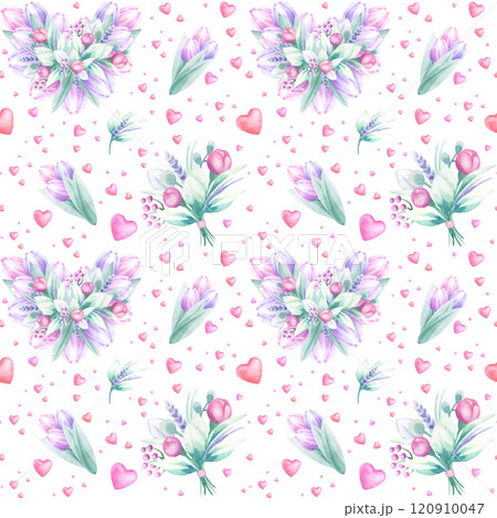 Heart shaped flower bouquet, tulips and flying hearts watercolor isolated seamless pattern. Hand draw romantic illustration for Valentines, Mother and Women Day design, fabric, textile and packaging. Heart shaped flower bouquet, tulips and flying hearts watercolor isolated seamless pattern. Hand draw romantic illustration for Valentines, Mother and Women Day design, fabric, textile and packaging. 120910047