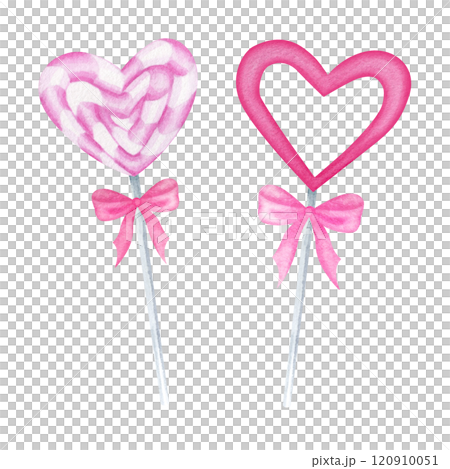 Heart shaped candy on stick decorated with bow in pastel red and pink colors. Hand draw watercolor isolated illustration for romantic Valentines Day greeting card, invitation and weddings designs. 120910051