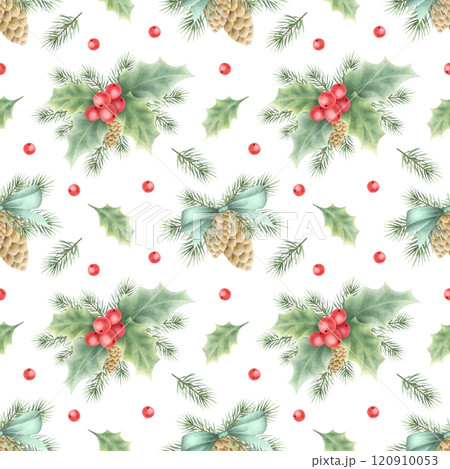 Christmas seamless pattern with cones, bows, holly, berries, leaves and spruce branches. Hand drawn winter watercolor illustration isolated on white for New Year festive packaging paper and textile. 120910053