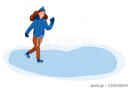 Winter vector with a happy warmly dressed girl ice skating on a frozen pond Winter vector with a happy warmly dressed girl ice skating on a frozen pond 120910054