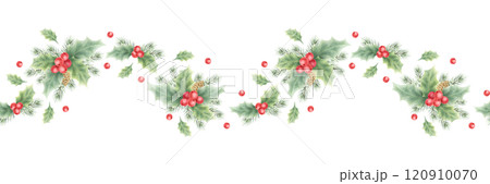 Christmas seamless border with holly, berries, leaves, spruce branch and cones. Hand drawn watercolor isolated greenery illustration for New Year greeting card template, festive package tape, fabric. Christmas seamless border with holly, berries, leaves, spruce branch and cones. Hand drawn watercolor isolated greenery illustration for New Year greeting card template, festive package tape, fabric. 120910070