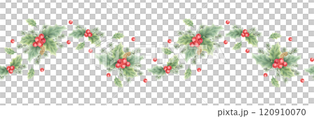 Christmas seamless border with holly, berries, leaves, spruce branch and cones. Hand drawn watercolor isolated greenery illustration for New Year greeting card template, festive package tape, fabric. Christmas seamless border with holly, berries, leaves, spruce branch and cones. Hand drawn watercolor isolated greenery illustration for New Year greeting card template, festive package tape, fabric. 120910070
