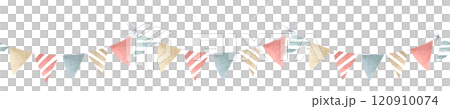 Festive garland with triangle flags for decoration in red, blue, beige colors. Hand drawn watercolor isolated seamless border for greeting cards, festive packaging, textile, banners and designs. Festive garland with triangle flags for decoration in red, blue, beige colors. Hand drawn watercolor isolated seamless border for greeting cards, festive packaging, textile, banners and designs. 120910074
