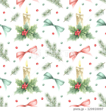Christmas watercolor seamless pattern with candle, bows, holly, berries, leaves and spruce branches. Hand drawn winter illustration isolated on white for New Year festive packaging paper and designs. 120910097