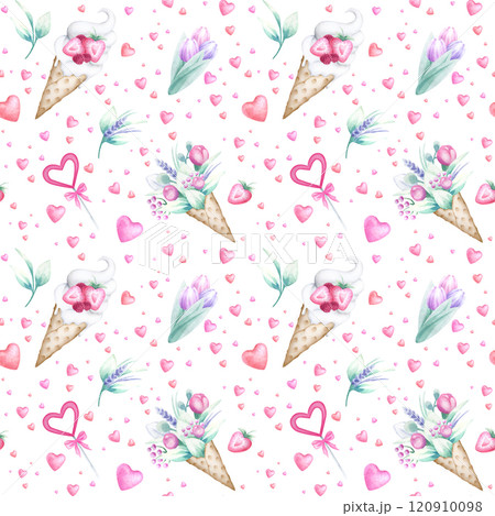 Seamless pattern with ice cream, bouquet of flowers in waffle cone, candy and flying hearts. Hand draw watercolor isolated endless illustration for romantic Valentines, Mother and Women Day design. 120910098