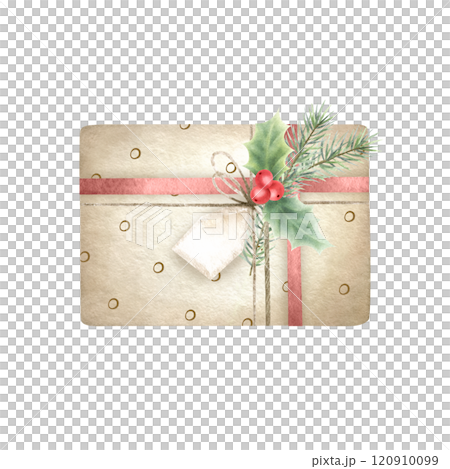 Christmas gift box beige in polka dot colors, with twine, label and red ribbon, decorated with sprigs of holly and fir trees. Hand drawn watercolor isolated illustration for New Year greeting cards. 120910099