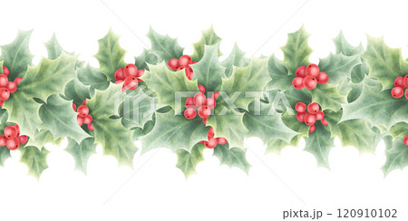 Christmas holly red berries and green leaves watercolor isolated illustration. Hand drawn seamless border for winter holiday season, New Year greeting cards template and festive floral banners. Christmas holly red berries and green leaves watercolor isolated illustration. Hand drawn seamless border for winter holiday season, New Year greeting cards template and festive floral banners. 120910102