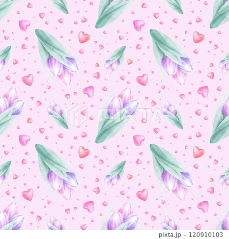 Bouquets of pink and lilac tulips and flying hearts watercolor seamless pattern on pink. Hand draw delicate pastel flower illustration for Valentines, Mother and Women Day design, fabric, packaging. Bouquets of pink and lilac tulips and flying hearts watercolor seamless pattern on pink. Hand draw delicate pastel flower illustration for Valentines, Mother and Women Day design, fabric, packaging. 120910103