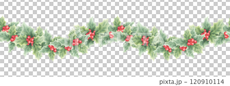 Christmas holly red berries and green leaves watercolor isolated illustration. Hand drawn seamless border for winter holiday season, New Year greeting cards template, festive floral banners, textile. Christmas holly red berries and green leaves watercolor isolated illustration. Hand drawn seamless border for winter holiday season, New Year greeting cards template, festive floral banners, textile. 120910114