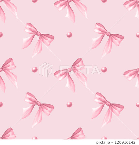 Bows and beads in pastel pink color. Hand drawn watercolor seamless pattern coquette core isolated on light pink for packaging paper, textile, wrapping, curtain, scrapbooking paper, fabric, wallpaper. 120910142
