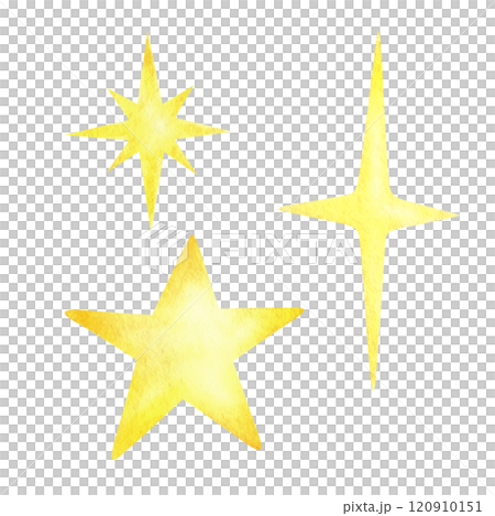 Stars five-pointed, four-pointed and eight-pointed, golden and yellow set of three twinkling and sparkling elements. Hand drawn watercolor isolated illustration for greeting card and festive designs. Stars five-pointed, four-pointed and eight-pointed, golden and yellow set of three twinkling and sparkling elements. Hand drawn watercolor isolated illustration for greeting card and festive designs. 120910151