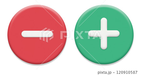 立体的な赤いマイナスと緑のプラスの丸いアイコン 120910587