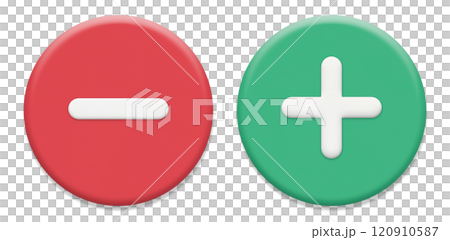立体的な赤いマイナスと緑のプラスの丸いアイコン 120910587