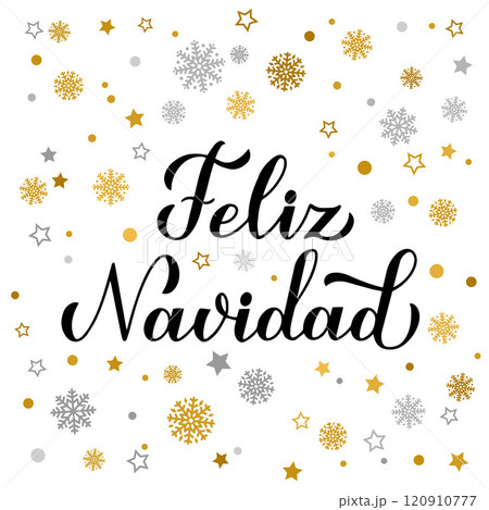 Feliz Navidad calligraphy hand lettering with gold and silver snowflakes, stars and dots. Merry Christmas typography poster in Spanish. Vector template for greeting card, banner, flyer, etc. Feliz Navidad calligraphy hand lettering with gold and silver snowflakes, stars and dots. Merry Christmas typography poster in Spanish. Vector template for greeting card, banner, flyer, etc. 120910777