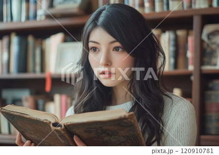 古書店で洋書を探す若い女性_1 古書店で洋書を探す若い女性_1 120910781
