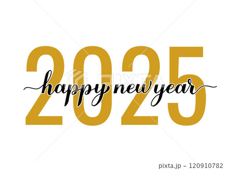 Happy New Year 2025. Calligraphy lettering isolated on white. Holidays typography poster. Vector template for banner, sign, greeting card, invitation, etc. Happy New Year 2025. Calligraphy lettering isolated on white. Holidays typography poster. Vector template for banner, sign, greeting card, invitation, etc. 120910782