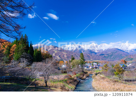 【秋素材】秋の白馬村・大出公園から見る三段紅葉の風景【長野県】 120911074