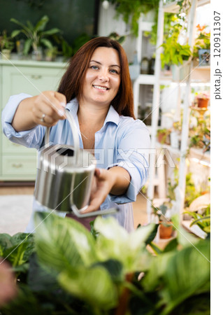 Unrecognizable woman gardener florist growing care use watering can at home indoor garden closeup 120911307
