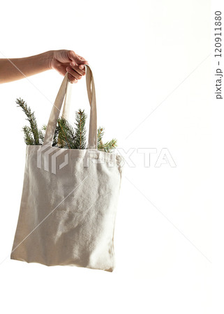 Hand holding tote bag with pine branches inside. Concept of sustainable winter holiday. Hand holding tote bag with pine branches inside. Concept of sustainable winter holiday. 120911880