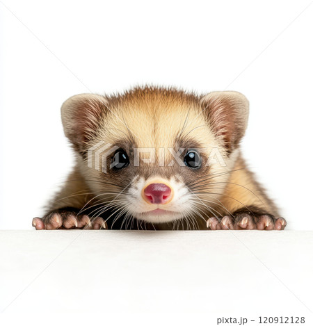tiny ferret peeking out playfully on white background 120912128