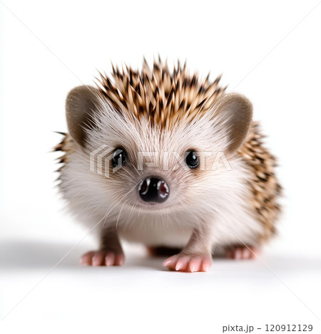 tiny hedgehog sniffing curiously on white background, evoking joy 120912129