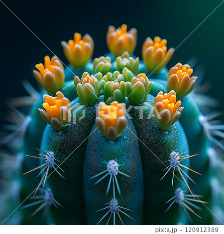 Close up of cactus with vibrant flowers and spines, showcasing unique textures and colors. vivid orange and green hues create striking visual impact 120912389